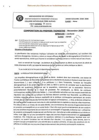 Première page de Lecture 4ème – Composition du 1er trimestre 2025-2026 – Régulation démographique et contraception au Bénin – Collège Catholique Père Aupiais