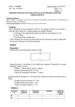Première page de PCT 4e — 1er devoir surveillé, 1er semestre (2018-2019) · CEG PAHOU