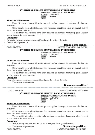 Première page de Français 6e, 5e, 4e, 4e ML, 3e, 3e ML, 2nde A & B, 2nde D, 1ère A, 1ère A & B, 1ère D, Tle A, Tle B, Tle D — 1er devoir surveillé, 1er semestre (2018-2019) · CEG1 Abomey