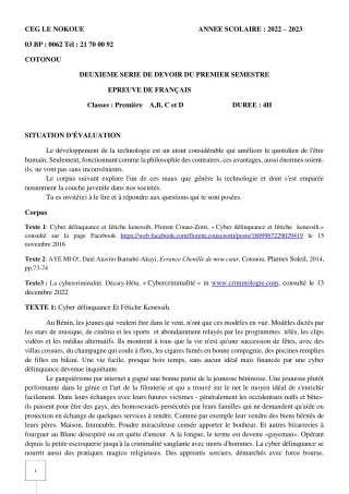 Première page de Français 1ère A1, 1ère A2, 1ère B, 1ère C, 1ère D — 2e devoir surveillé, 1er semestre (2022-2023) · CEG LE NOKOUE