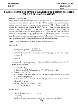 Première page de Mathématiques 1ère A1, 1ère A2, 1ère B — 2e devoir surveillé, 1er semestre (2020-2021) · CEG HOUEYIHO