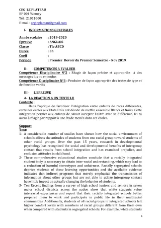 Première page de Anglais Tle A2, Tle B, Tle C, Tle D — 1er devoir surveillé, 1er semestre (2019-2020) · CEG Le Plateau