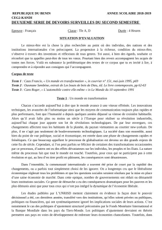 Première page de Français Tle A1, Tle A2, Tle D — 2e devoir surveillé, 2e semestre (2018-2019) · CEG 2 KANDI