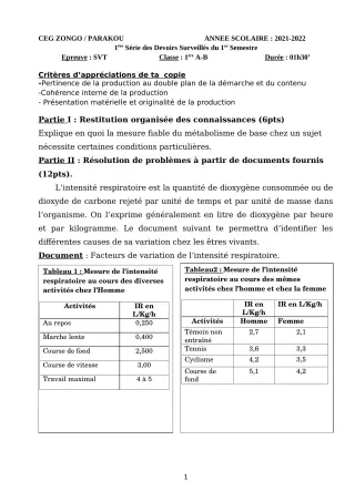Première page de SVT 5e, 4e, 4e ML, 2nde A, 2nde A2, 2nde B, 2nde C, 2nde D, 1ère A1, 1ère A2, 1ère B, 1ère C, 1ère D, Tle A1, Tle A2, Tle B, Tle C, Tle D — 1er devoir surveillé, 1er semestre (2021-2022) · CEG ZONGO