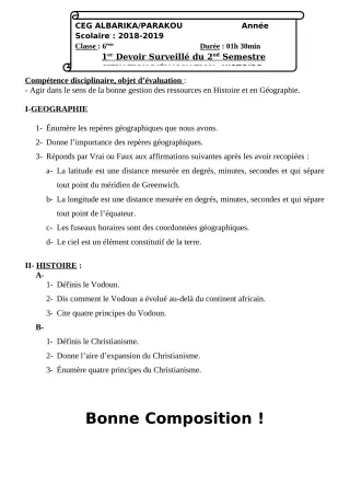 Première page de Histoire-Géographie 6e, 5e, 4e, 4e ML, 3e, 3e ML, 2nde A, 2nde B, 2nde C, 2nde D, 1ère A1, 1ère A2, 1ère B, 1ère C, 1ère D, Tle A1, Tle A2, Tle B, Tle C, Tle D — 1er devoir surveillé, 2e semestre (201