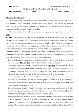 Première page de Français 4e — Devoir surveillé, 2e semestre (2020-2021) · CEG SEKERE