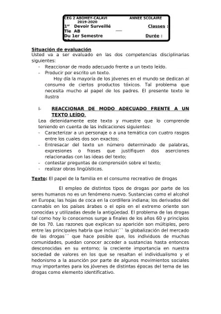 Première page de Espagnol Tle A1, Tle A2, Tle B — 1er devoir surveillé, 1er semestre (2018-2019) · CEG2 ABOMEY - CALAVI (CEG ZOCA)