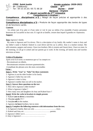 Première page de Anglais 6e, 2nde A2, 2nde B, 2nde C, 2nde D, Tle A2, Tle B, Tle C, Tle D — 1er devoir surveillé, 2e trimestre (2020-2021) · CPEG SAINT Justin
