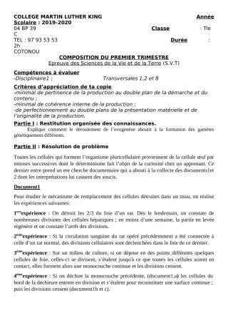 Première page de SVT Tle D — Composition, 1er trimestre (2019-2020) · CPEG Martin Luther King Cotonou