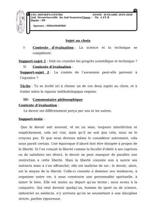 Première page de Philosophie Tle A1, Tle A2, Tle B — 2e devoir surveillé, 2e semestre (2019-2020) · CEG 1 Akpakpa-Centre