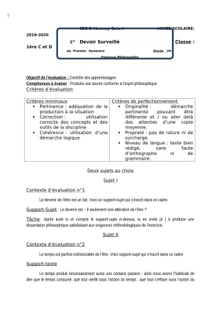 Première page de Philosophie 1ère C, 1ère D — 1er devoir surveillé, 1er semestre (2018-2019) · CEG2 ABOMEY - CALAVI (CEG ZOCA)