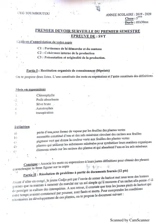 Première page de SVT 5e — Devoir surveillé, 1er semestre (2018-2019) · CEG TOUMBOUTOU