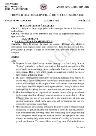 Première page de Anglais 2nde A2, 2nde B, 2nde C, 2nde D — 1er devoir surveillé, 2e semestre (2023-2024) · CEG Yagbe