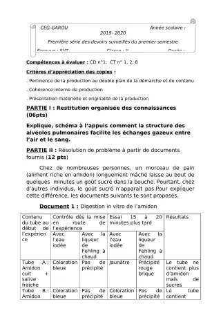 Première page de SVT 3e — 1er devoir surveillé, 1er semestre (2019-2020) · CEG GAROU