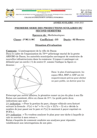 Première page de Mathématiques 3e, 3e ML — 1re production scolaire, 2e semestre (2020-2021) · CEG ONIGBOLO