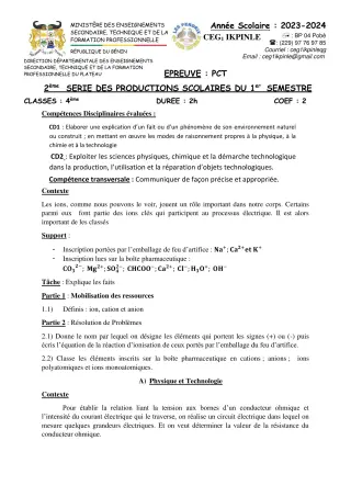 Première page de PCT 4e — 2e production scolaire, 1er semestre (2023-2024) · CEG1 Ikpinlè