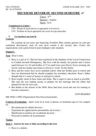 Première page de Anglais 4e, 4e ML — 2e devoir surveillé, 2e semestre (2019-2020) · CEG Attogon