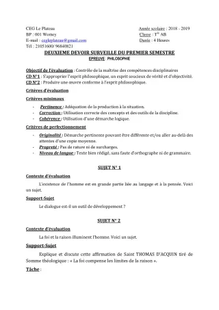 Première page de Philosophie Tle B — 2e devoir surveillé, 1er semestre (2018-2019) · CEG Le Plateau