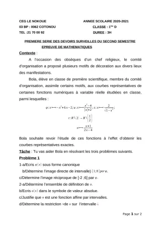 Première page de Mathématiques 1ère D — 1er devoir surveillé, 2e semestre (2020-2021) · CEG LE NOKOUE