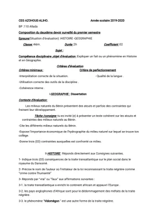 Première page de Histoire-Géographie 4e ML&MC — 2e devoir surveillé, 1er semestre (2019-2020) · CEG AZOHOUE-ALIHO