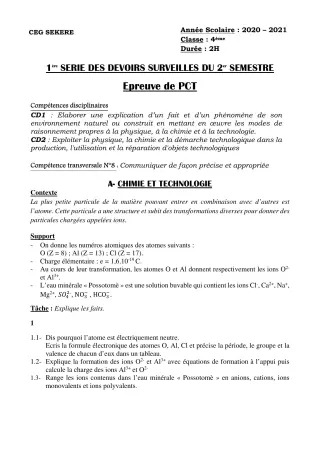 Première page de PCT 4e — 1er devoir surveillé (2020-2021) · CEG SEKERE