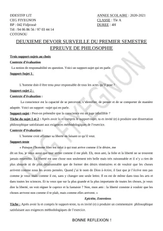 Première page de Philosophie Tle A1, Tle A2 — 2e devoir surveillé, 1er semestre (2020-2021) · CEG FIYEGNON