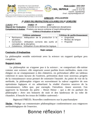 Première page de Philosophie 2nde A — 1re production scolaire, 2e semestre (2022-2023) · CEG1 Ikpinlè