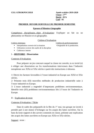 Première page de Histoire-Géographie 3e, 3e ML — 1er devoir surveillé, 1er semestre (2019-2020) · CEG ATROKPOCODJI