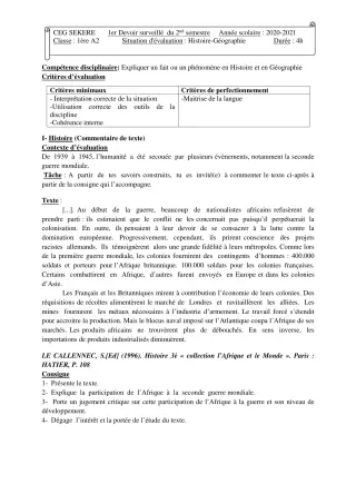 Première page de Histoire-Géographie 1ère A2 — 1er devoir surveillé, 2e semestre (2020-2021) · CEG SEKERE