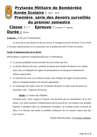 Première page de Français 5e — 1er devoir surveillé, 1er semestre (2019-2020) · PMB