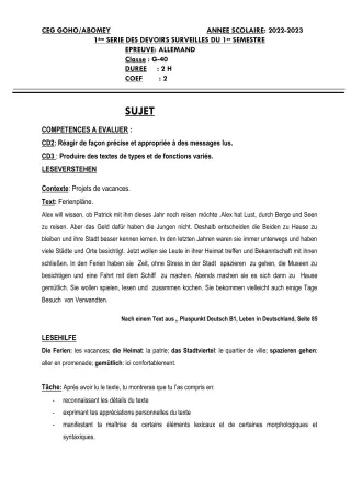 Première page de Allemand 3e — 1er devoir surveillé, 1er semestre (2022-2023) · CEG GOHO