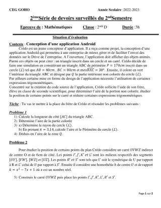 Première page de Mathématiques 2nde D — Devoir surveillé (2022-2023) · CEG GOHO