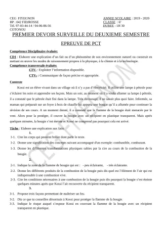 Première page de PCT 6e — 1er devoir surveillé, 2e semestre (2019-2020) · CEG FIYEGNON
