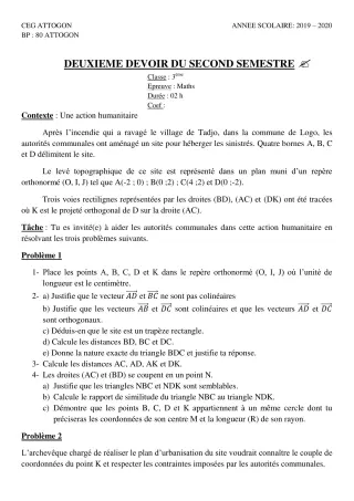 Première page de Mathématiques 3e, 3e ML — 2e devoir surveillé, 2e semestre (2019-2020) · CEG Attogon