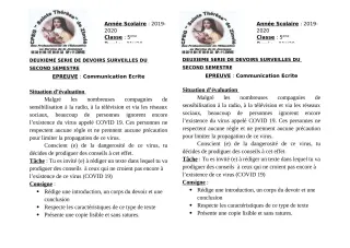 Première page de Français 5e — 2e devoir surveillé, 2e semestre (2019-2020) · CPEG Ste Thérèse de Zinvié