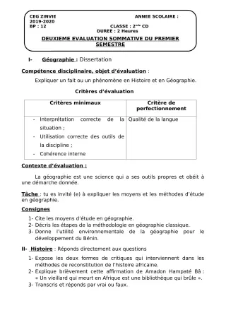 Première page de Histoire-Géographie 2nde C, 2nde D — 2e évaluation sommative, 1er semestre (2019-2020) · CEG Zinvié