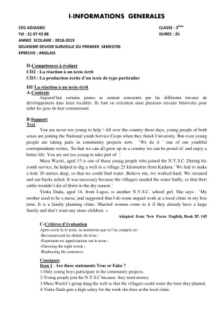Première page de Anglais 3e, 3e ML — 2e devoir surveillé, 1er semestre (2018-2019) · CEG ADJAGBO