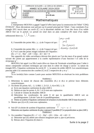 Première page de Mathématiques Tle D — 2e trimestre (2019-2020) · CPEG Le Cercle de Génies