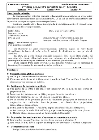Première page de Français 4e ML&MC — 1er devoir surveillé (2019-2020) · CEG MAREGOUROU