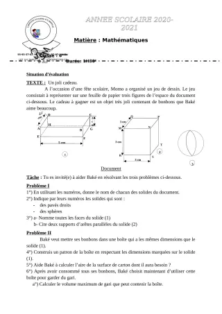 Première page de Mathématiques 6e — 1re évaluation sommative, 1er trimestre (2021-2022) · CPEG SAINTE MIREILLE