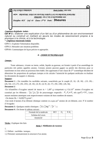 Première page de PCT 2nde D — 1er devoir surveillé, 1er semestre (2023-2024) · CEG ZONGO