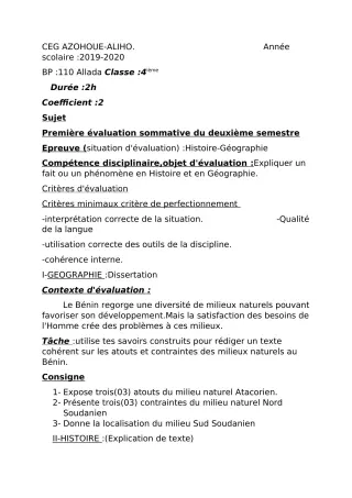 Première page de Histoire-Géographie 4e ML&MC — 1re évaluation sommative, 2e semestre (2019-2020) · CEG AZOHOUE-ALIHO