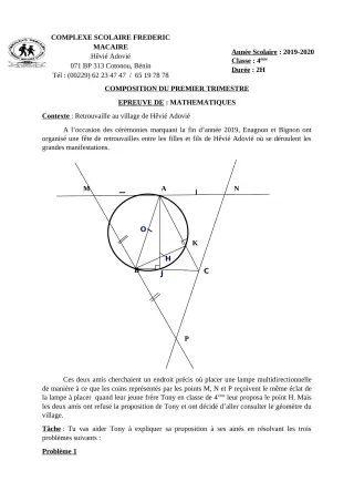 Première page de Mathématiques 6e, 5e, 4e — Composition, 1er trimestre (2019-2020) · CPEG Frédéric Macaire
