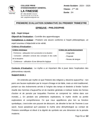 Première page de Philosophie 2nde A1, 2nde A2, 2nde B, 2nde C, 2nde D, 1ère A1, 1ère A2, 1ère B, 1ère C, 1ère D, Tle A1, Tle A2, Tle B, Tle D — 1re évaluation sommative, 1er trimestre (2024-2025) · CPEG La Finesse