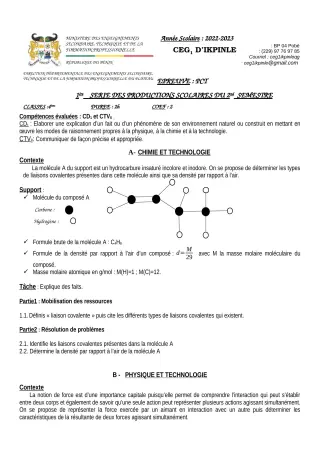 Première page de PCT 4e — 1re production scolaire, 2e semestre (2022-2023) · CEG1 Ikpinlè