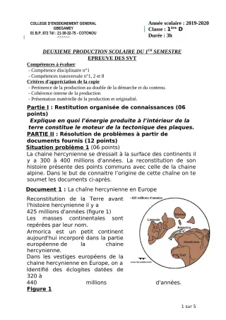 Première page de SVT 1ère D — 2e production scolaire, 1er semestre (2019-2020) · CEG GBEGAMEY