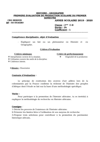 Première page de Histoire-Géographie 2nde C, 2nde D — 1re production scolaire, 1er semestre (2019-2020) · CEG SEHOUE