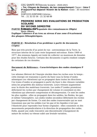 Première page de SVT 1ère C — Production scolaire, 2e semestre (2020-2021) · CEG Sainte Rita