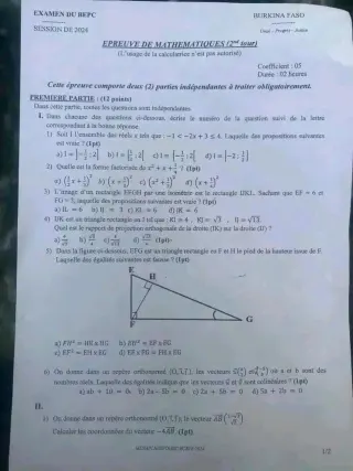 Première page de Épreuve BEPC 2024 mathématiques 2eme tour