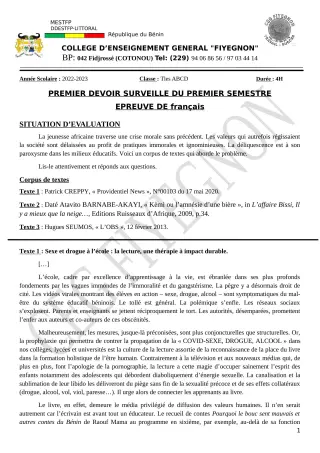 Première page de Français Tle A2, Tle B, Tle C, Tle D — 1er devoir surveillé, 1er semestre (2022-2023) · CEG FIYEGNON